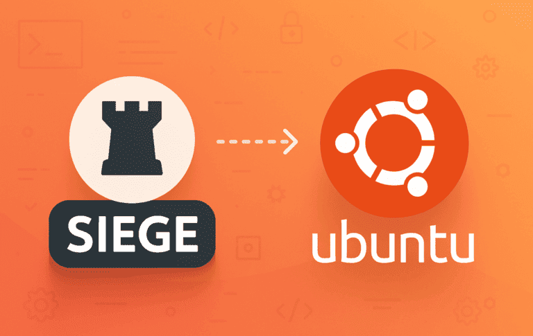 Siege load testing tool logo with castle tower icon connected to Ubuntu logo on orange gradient background