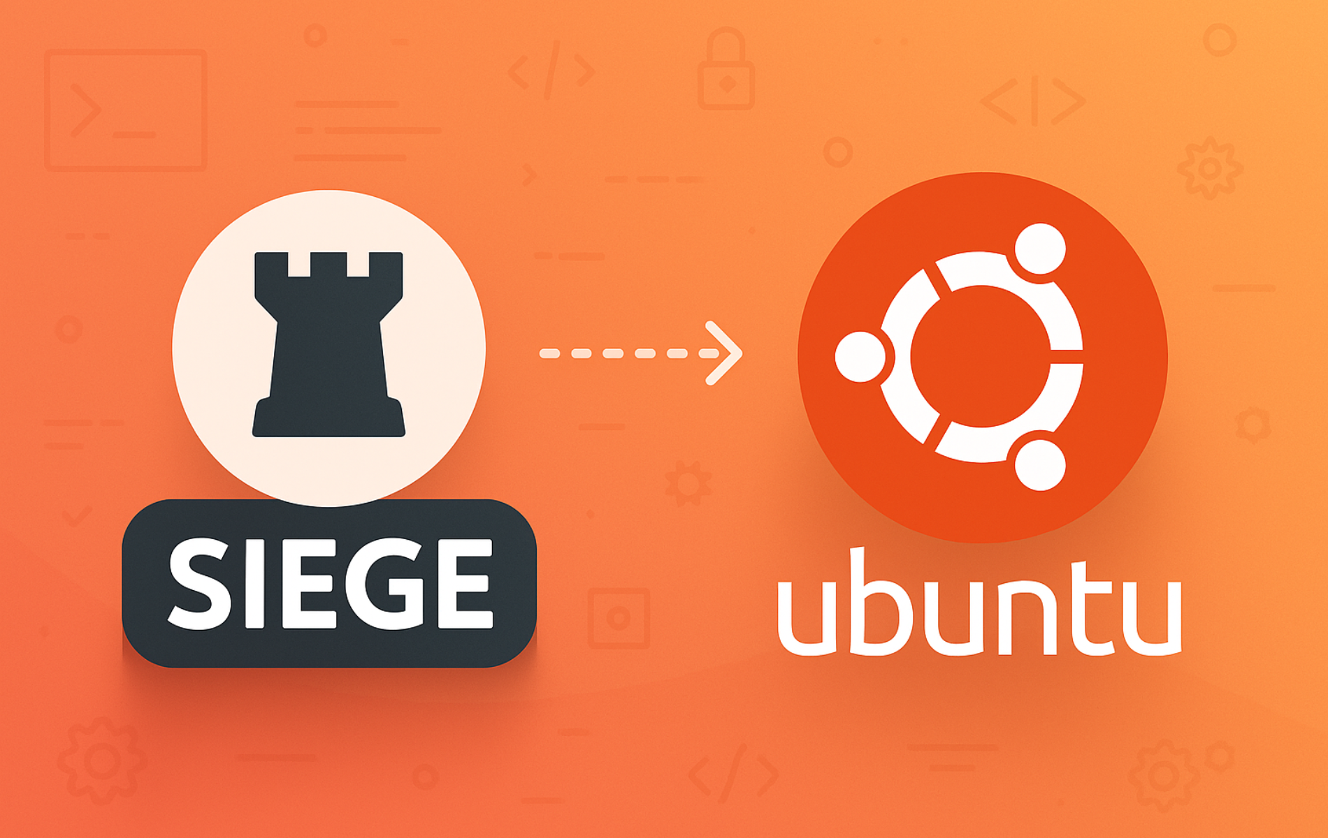 Siege load testing tool logo with castle tower icon connected to Ubuntu logo on orange gradient background
