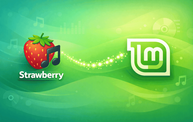 Strawberry Music Player logo with music notes alongside the Linux Mint logo on a green background