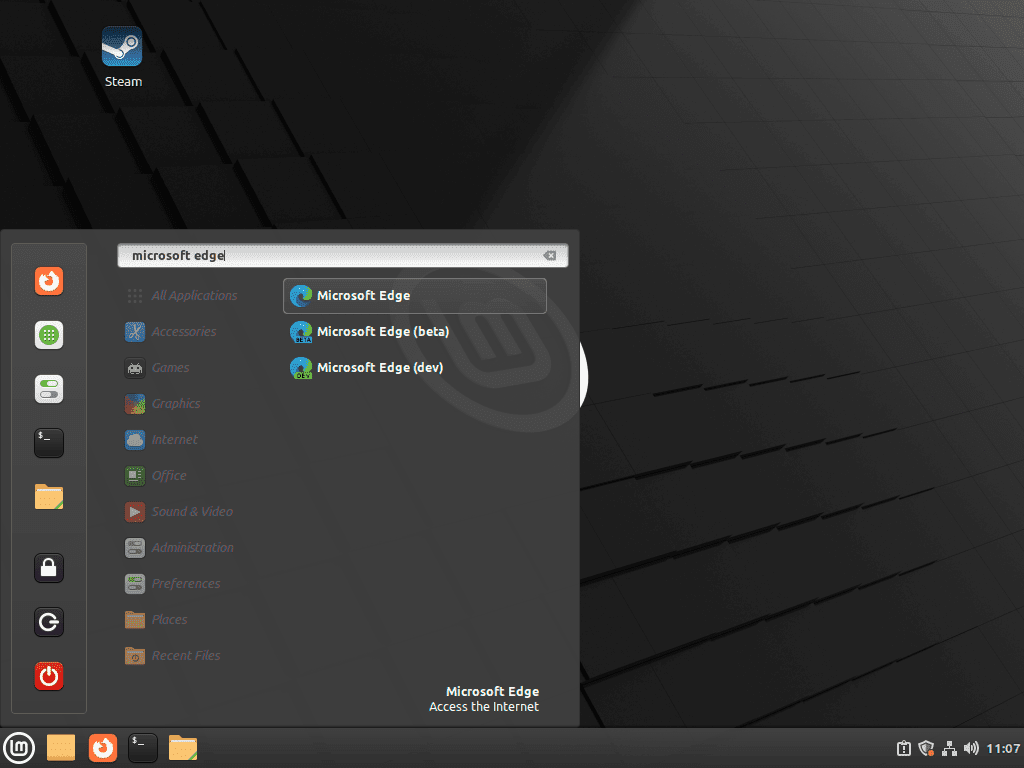 Iniciando o navegador Microsoft Edge no Linux Mint no menu do aplicativo