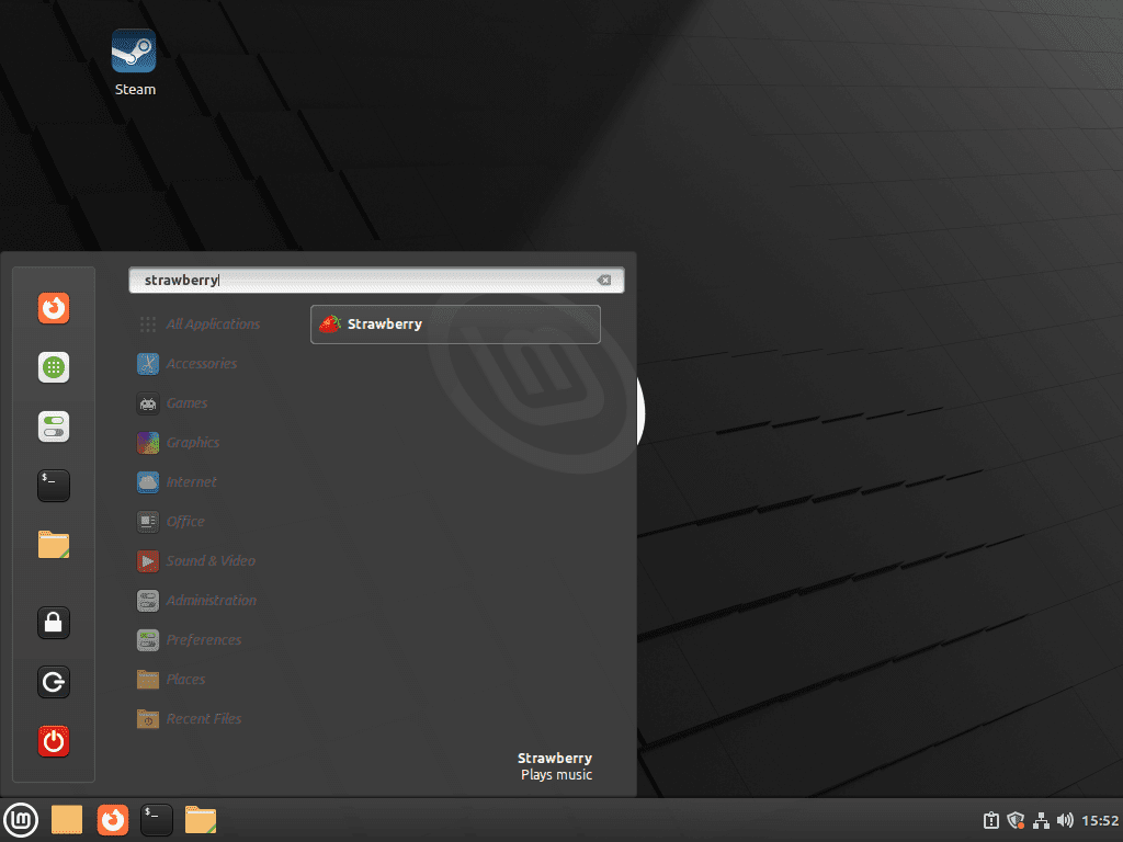 Iniciando o Strawberry Music Player a partir da barra de tarefas no desktop Linux Mint