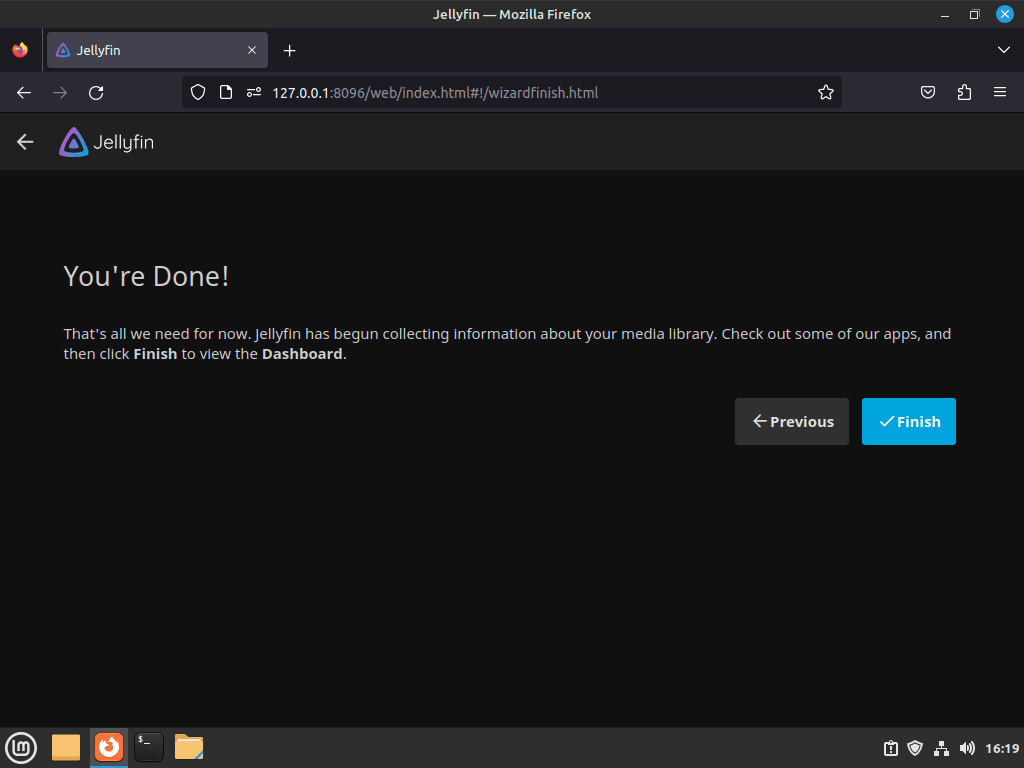 Eerste installatie voltooid op Jellyfin Media Server op Linux Mint