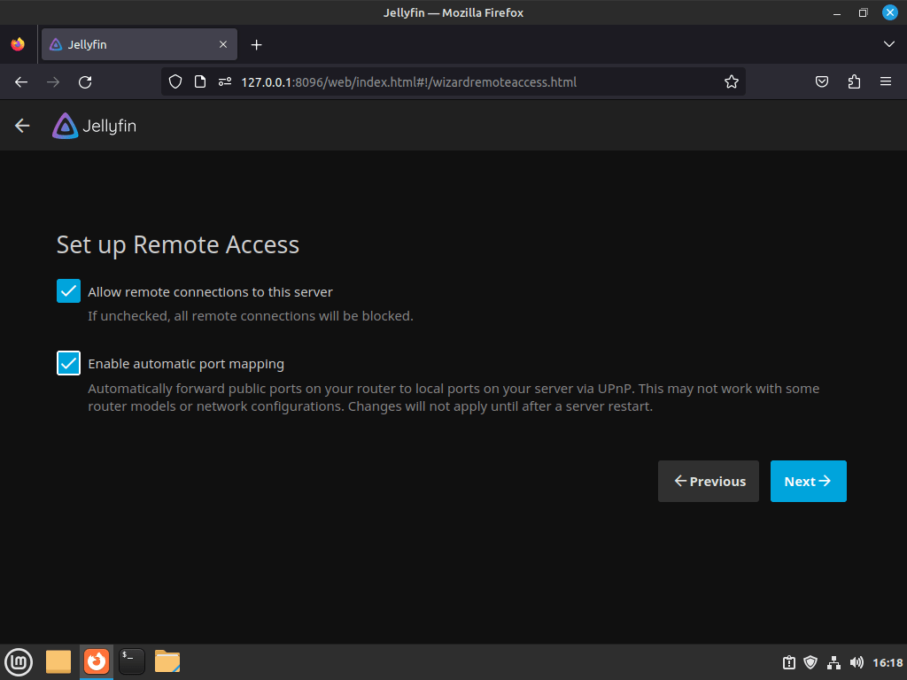 Opsætning af fjernadgangsindstillinger med GUI på Jellyfin Media Server på Linux Mint