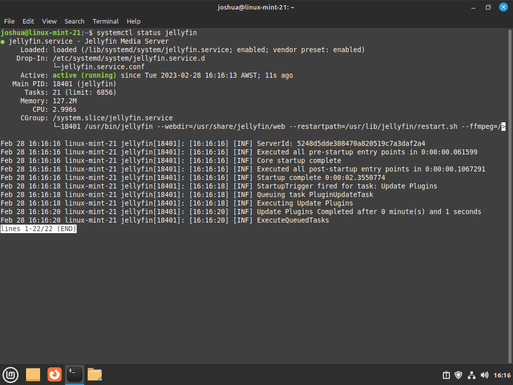 Stato systemctl di Jellyfin Media Server OK su Linux Mint