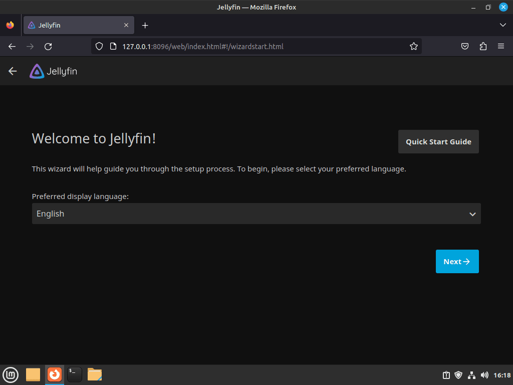 Velkommen til Jellyfin førstegangsopsætning GUI på Linux Mint