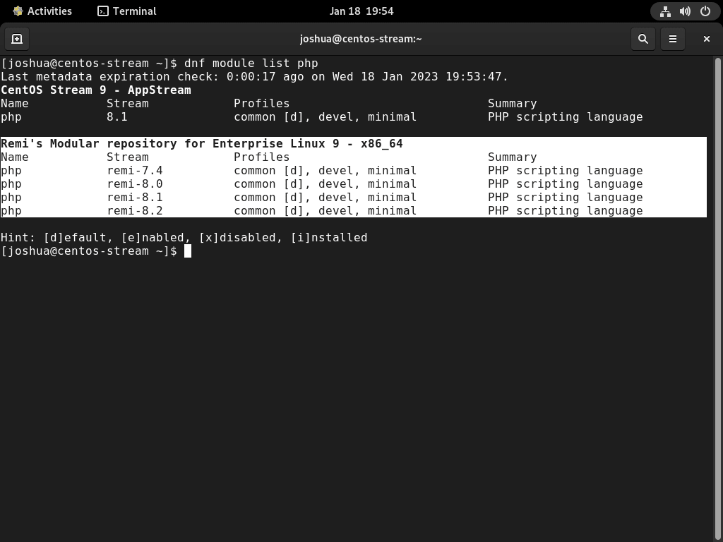 Listando módulos PHP no CentOS Stream do repositório Remi