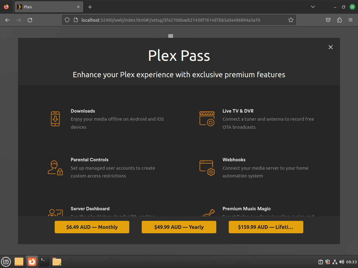 在 Linux Mint 上安装期间订阅 Plex Premium 的选项