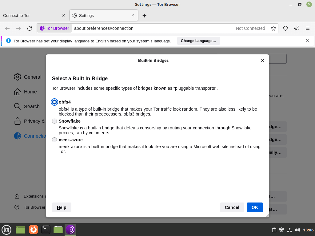 Selecionando uma ponte integrada para o navegador Tor no Linux Mint