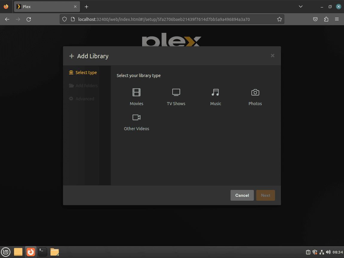 Sélection d'un type pour une nouvelle bibliothèque dans Plex Media Server sous Linux Mint