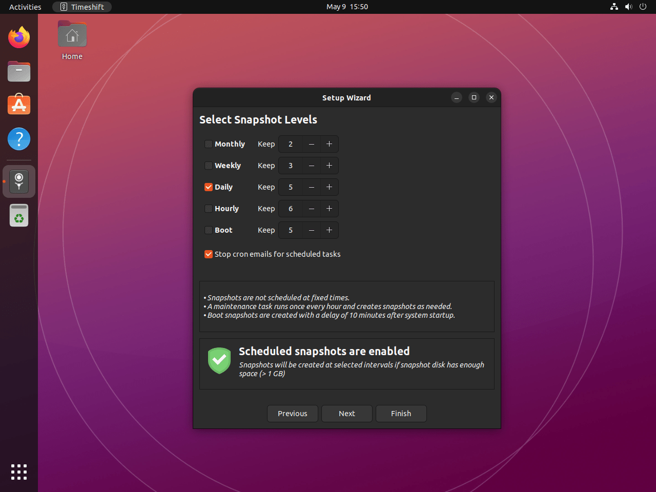 Valg af snapshot-tidsramme for Timeshift på Ubuntu Linux