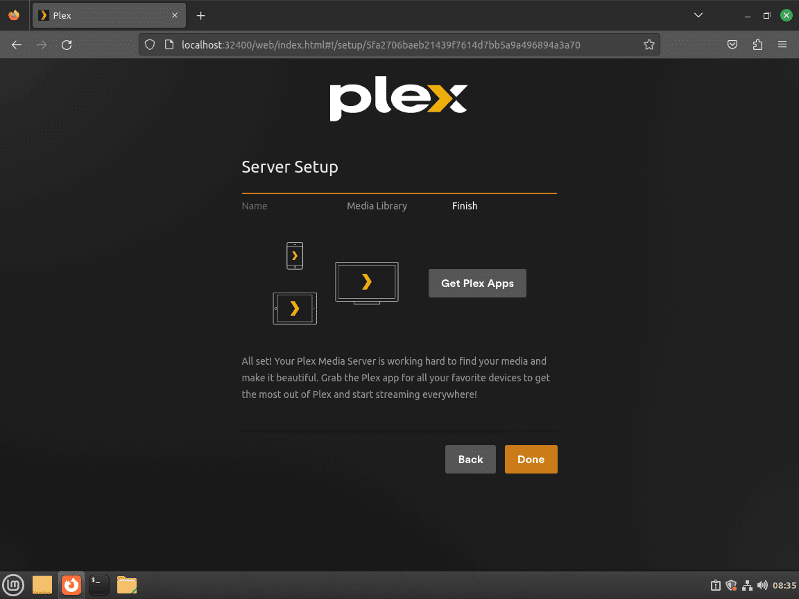 Configurazione del server completata per Plex Media Server su Linux Mint