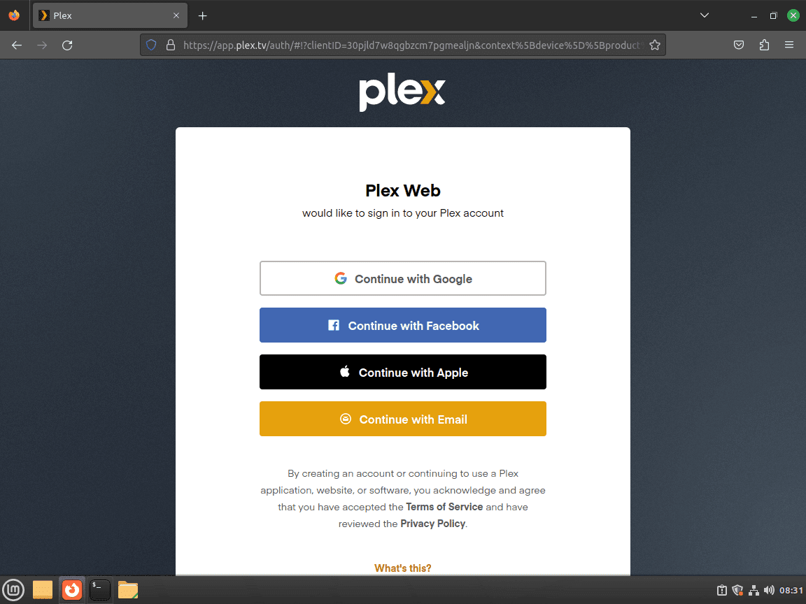 Faça login no Plex Media Server WebUI no Linux Mint
