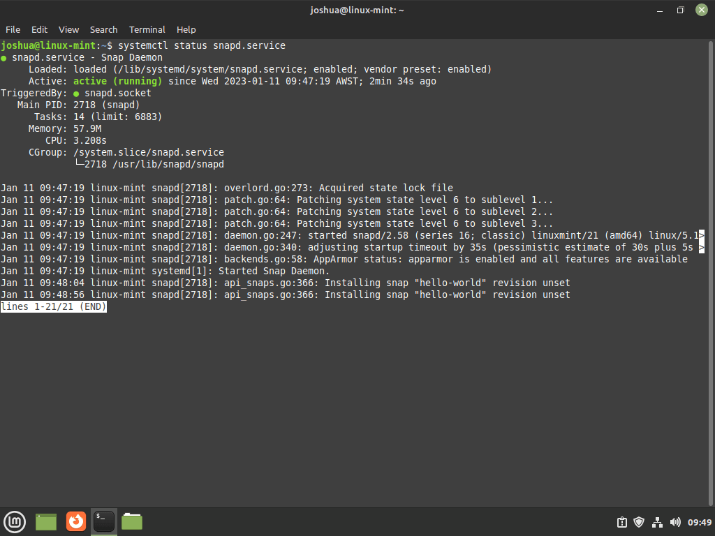 Status do systemctl do serviço Snapd OK no Linux Mint