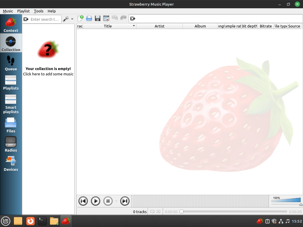 Linux Mint 데스크탑에 Strawberry Music Player가 성공적으로 설치되었습니다.