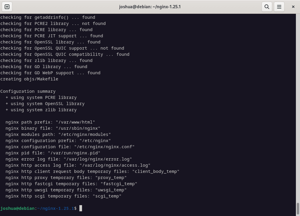 Tela de configuração Nginx bem-sucedida no Debian Linux