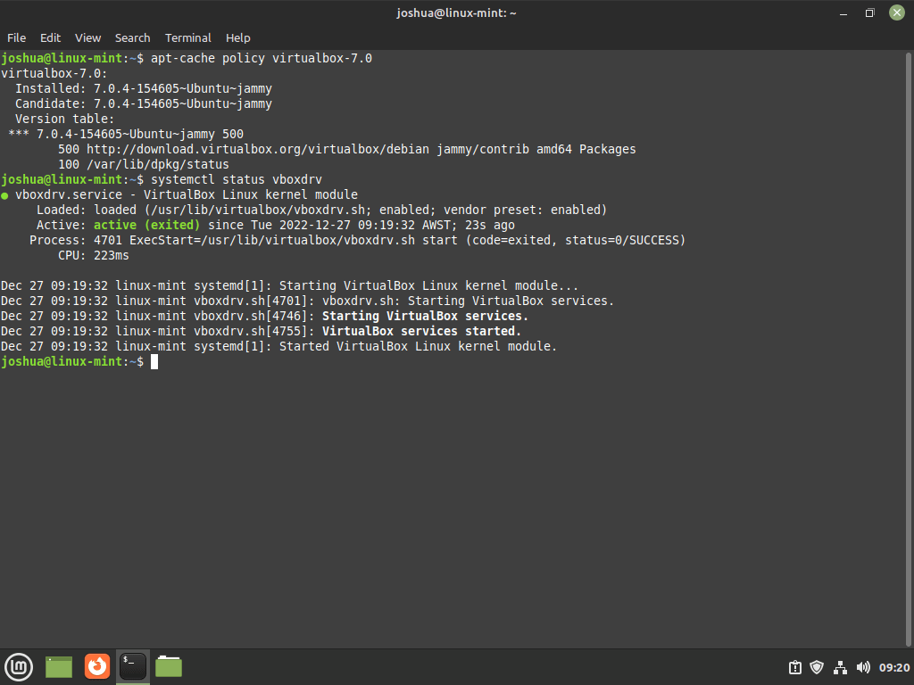 Polecenie statusu Systemctl dla VirtualBox 7.0 w Linux Mint