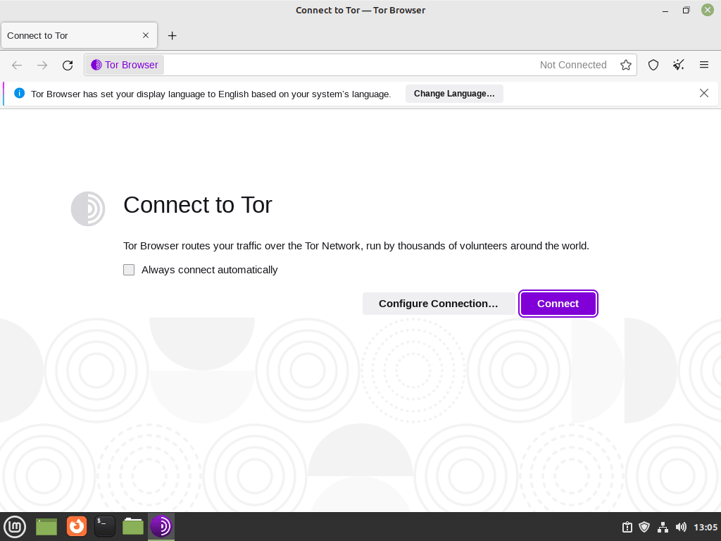 Tor Browser anslutningspanel på Linux Mint