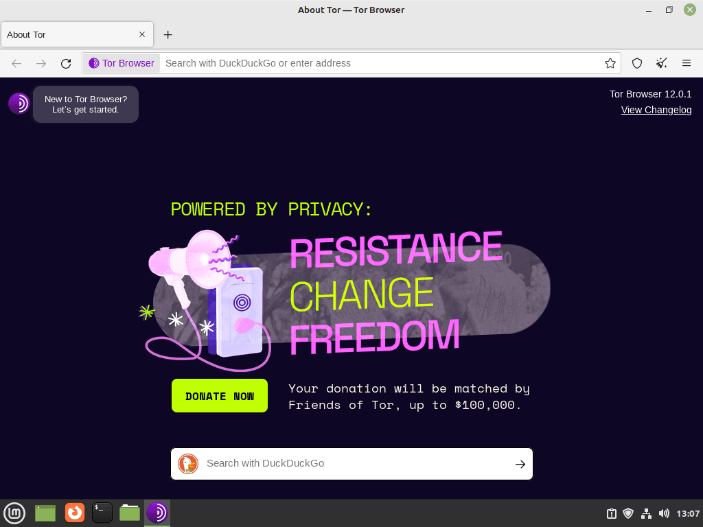 Tor Browser berhasil diinstal di Linux Mint