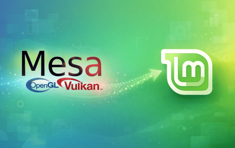 Mesa graphics driver logo with OpenGL and Vulkan connecting to Linux Mint