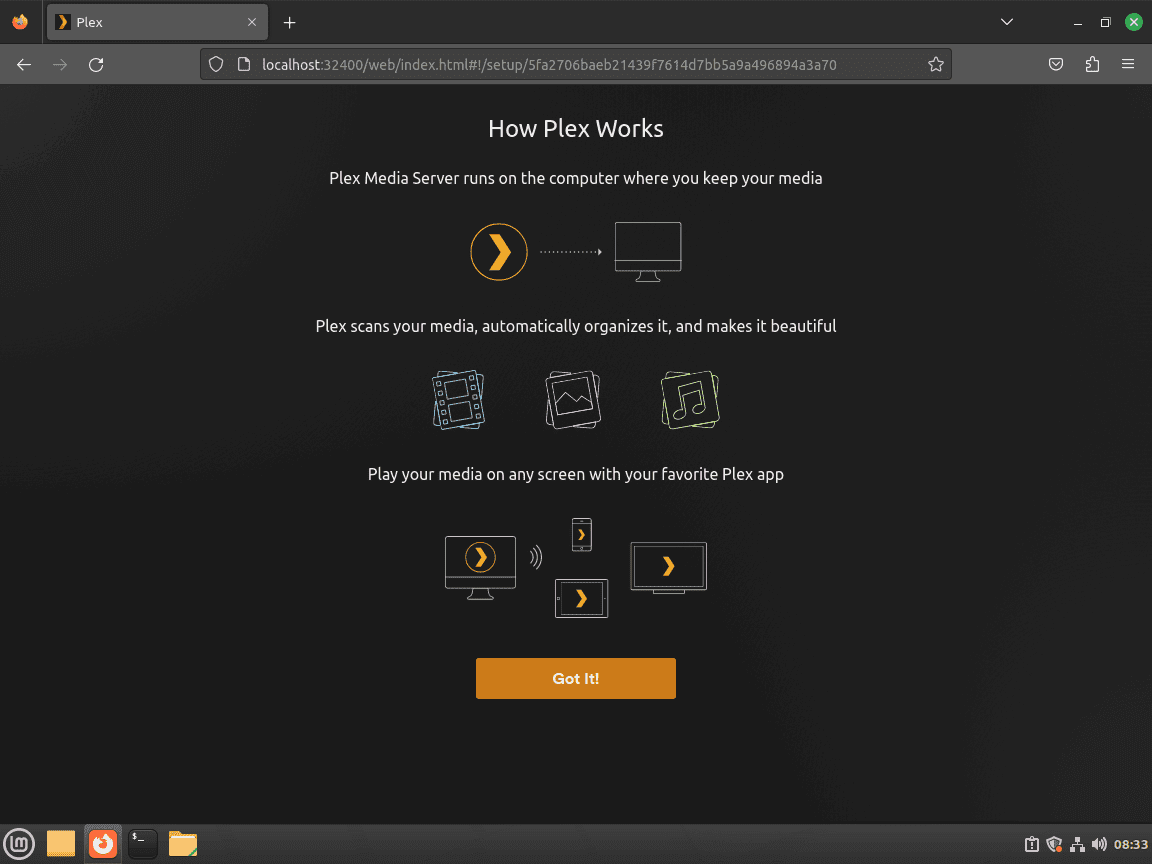Velkomstbesked til opsætning af Plex Media Server på Linux Mint