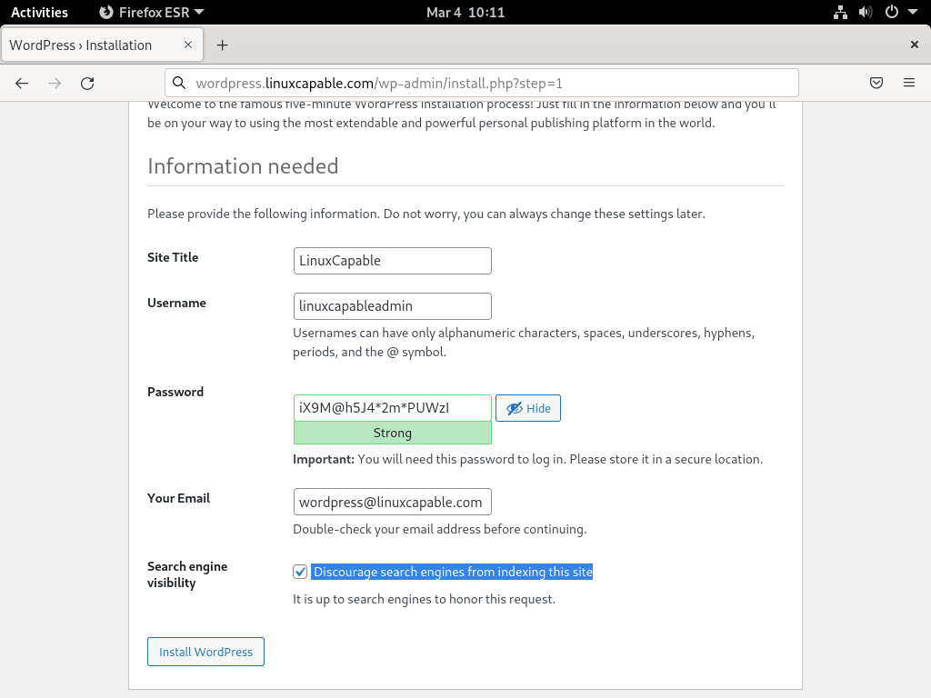 Konfigurera administratörsanvändare, lösenord och e-post i WordPress på Debian med LEMP