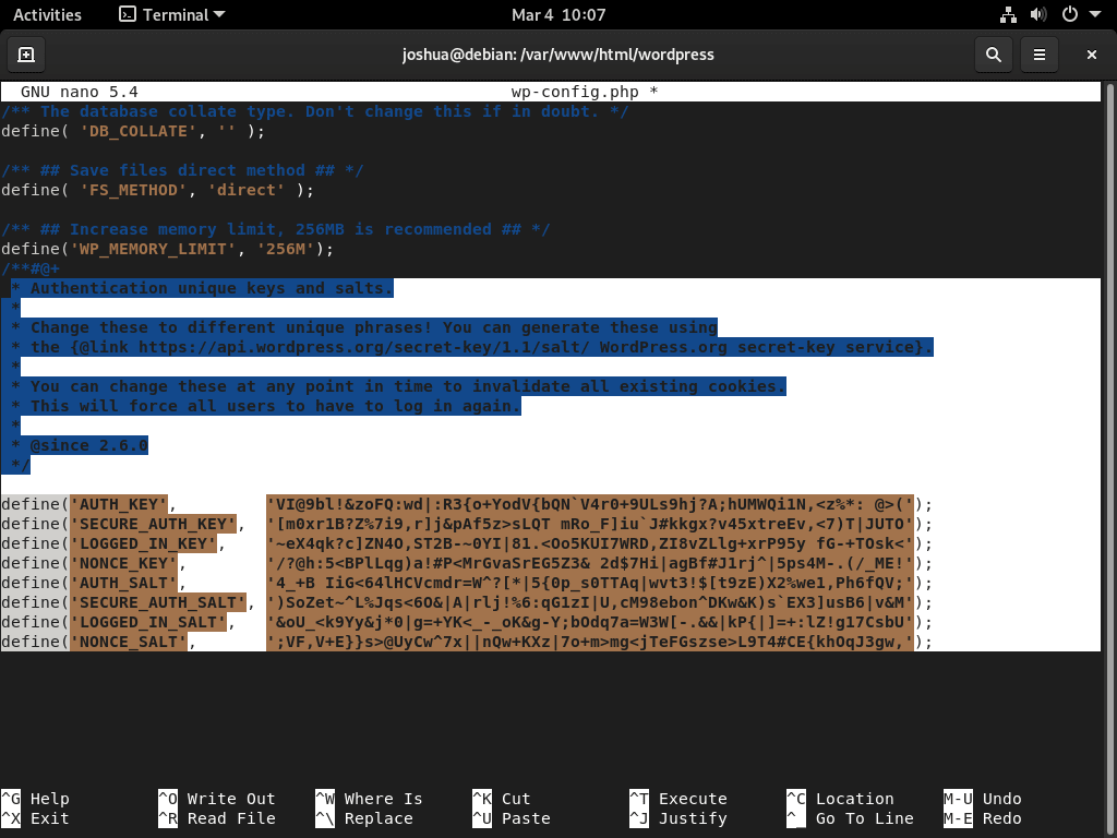 Ajout de clés salt au fichier de configuration WordPress sur Debian avec LEMP