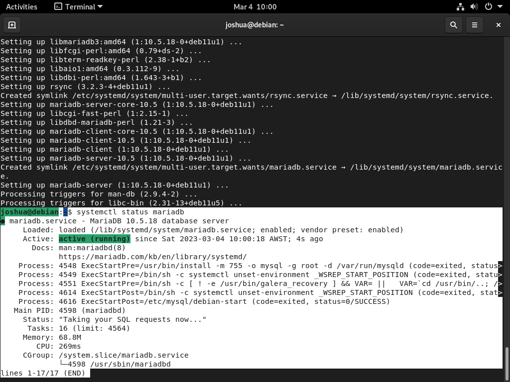 Verificando o status do MariaDB após instalar o WordPress no Debian com LEMP