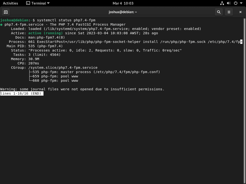 A PHP-FPM állapotának ellenőrzése rendben van a WordPress Debian rendszerre telepítése után LEMP-vel