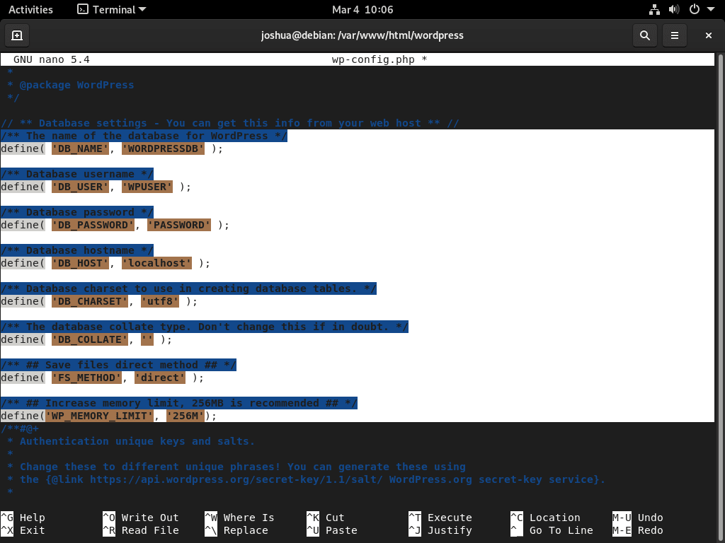 Instantánea de configuración de instalación para WordPress en Debian con LEMP