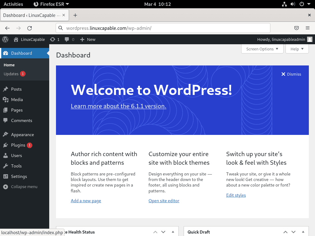 Instalei o WordPress e abri a página de administração no Debian com LEMP