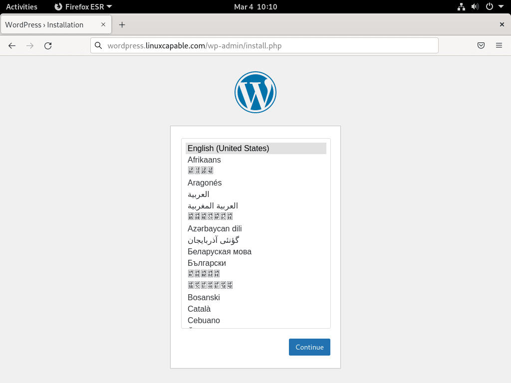 Selecionando o idioma na interface da web do WordPress no Debian com LEMP