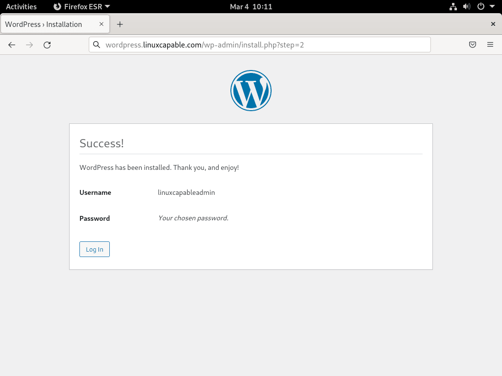 Halaman login sukses instalasi UI web WordPress di Debian dengan LEMP