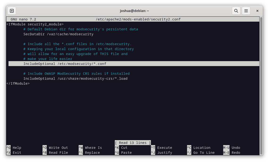 Fjerner kommentering af ModSecurity Config Lines til Apache på Debian