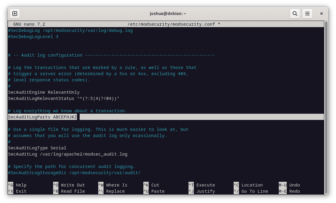 Cambio de partes del registro del motor en ModSecurity 2 con Apache en Debian