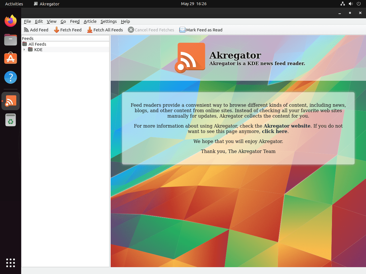 Akregator alapértelmezett felhasználói felület az Ubuntu Linuxon