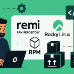 Flat-style digital illustration showing a developer working with Remi RPM Repository and Rocky Linux, representing software packaging and Linux development.