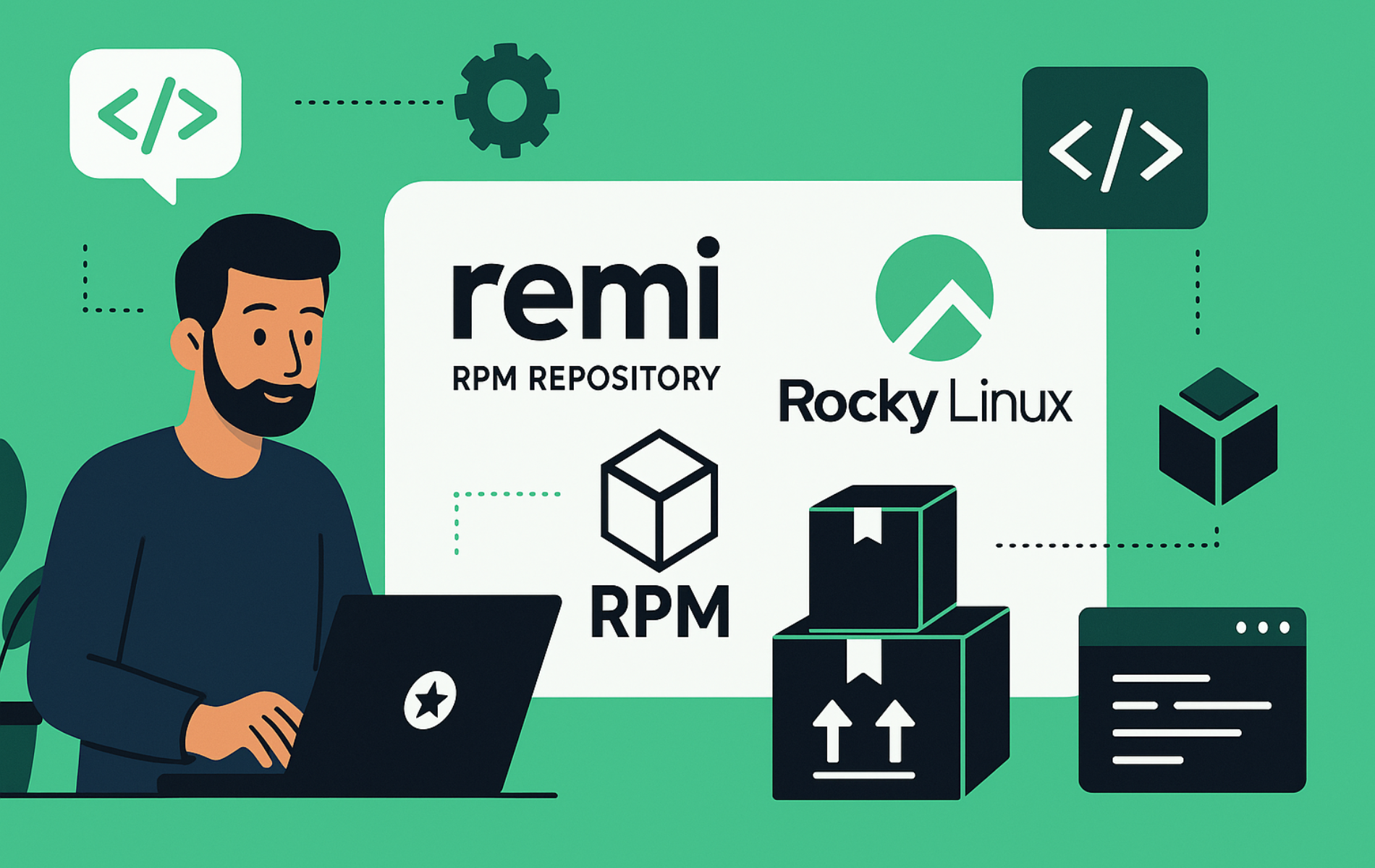 Flat-style digital illustration showing a developer working with Remi RPM Repository and Rocky Linux, representing software packaging and Linux development.