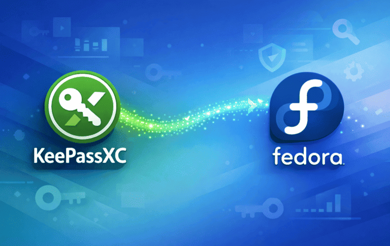KeePassXC and Fedora logos with security icons illustrating password manager installation