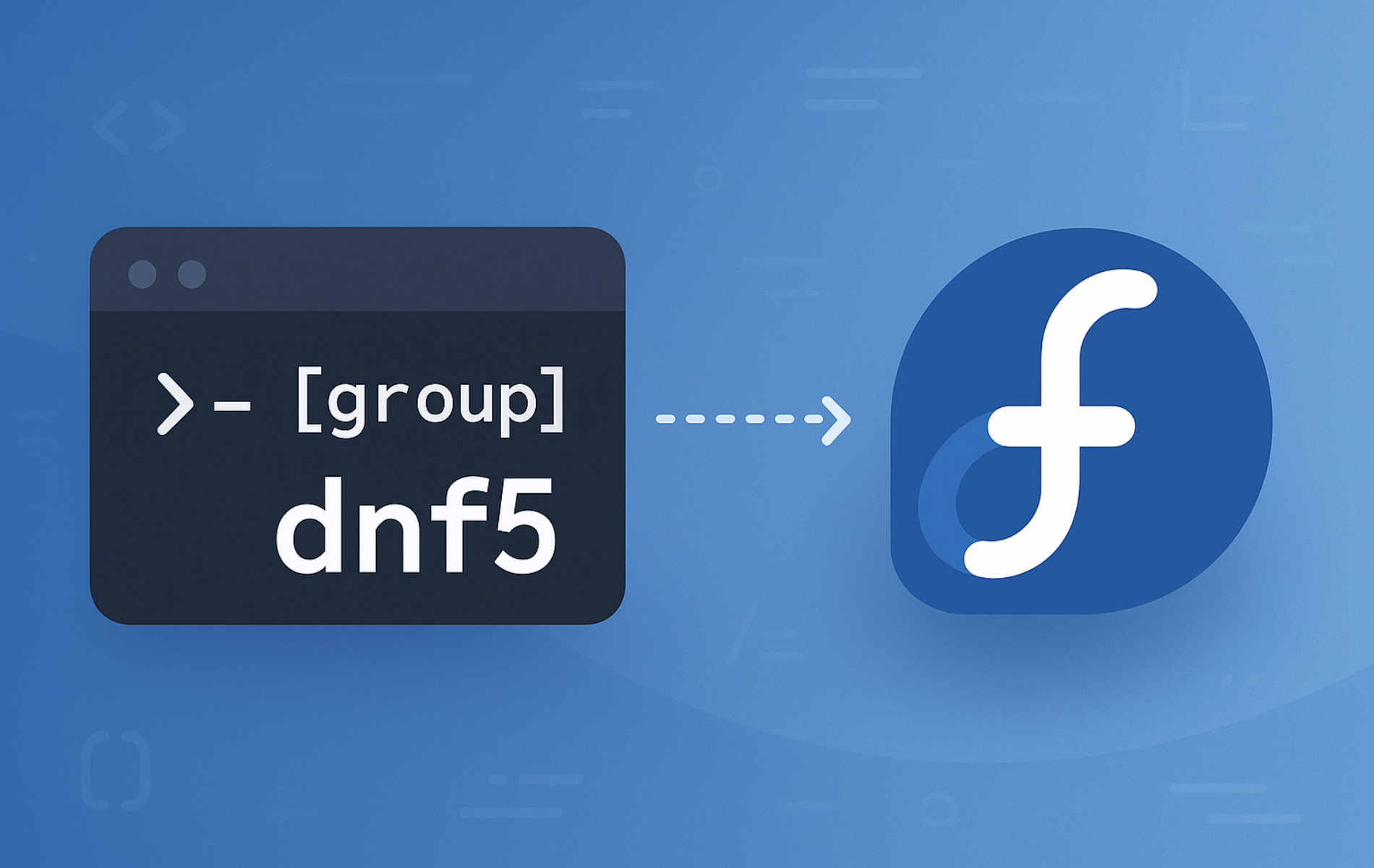 Terminal window showing dnf5 group command syntax with arrow pointing to Fedora logo on blue background