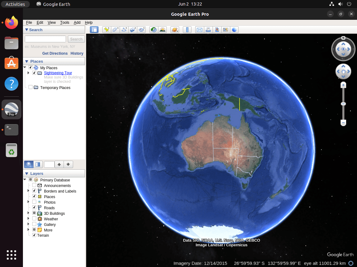 Google Earth Pro displaying a 3D view of the globe on Ubuntu Linux, highlighting map layers and tools.