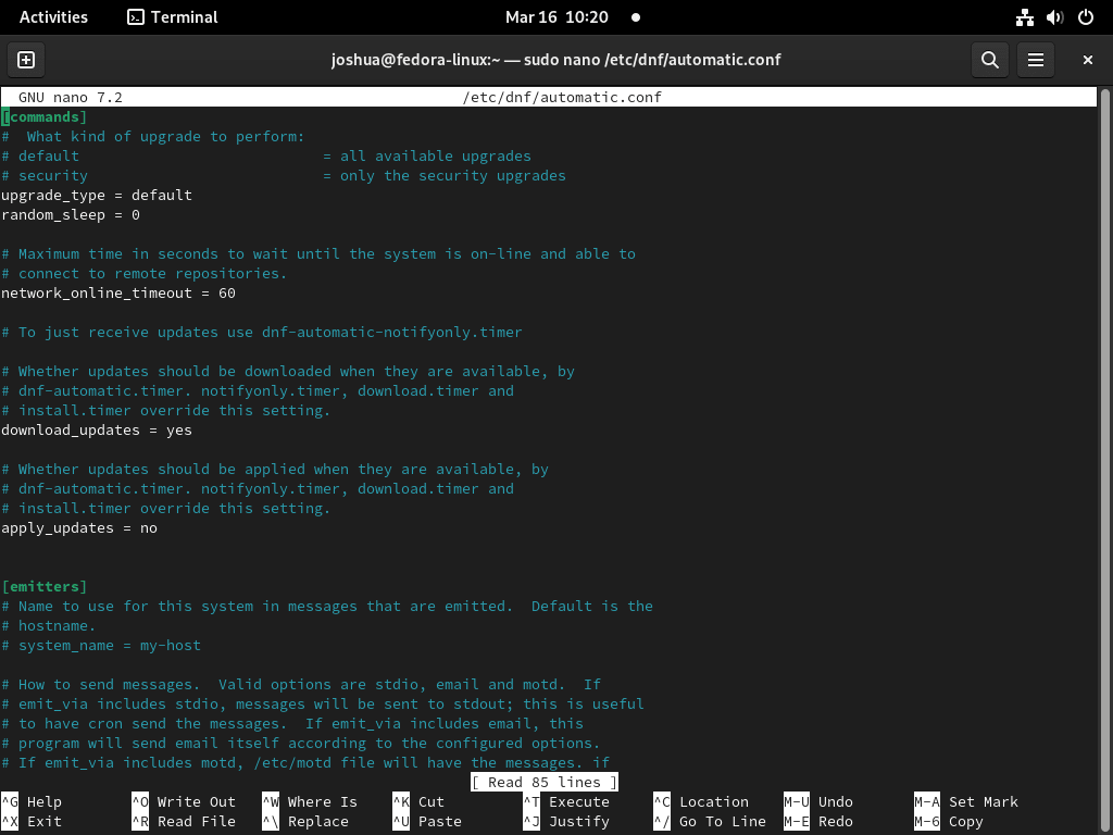 Screenshot of the DNF Automatic configuration file opened in nano editor on Fedora Linux, showing default settings and options.