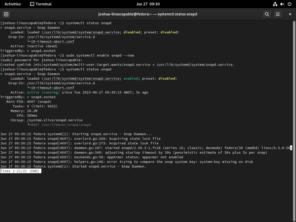 Screenshot of a terminal showing Snapd service activation on Fedora Linux.