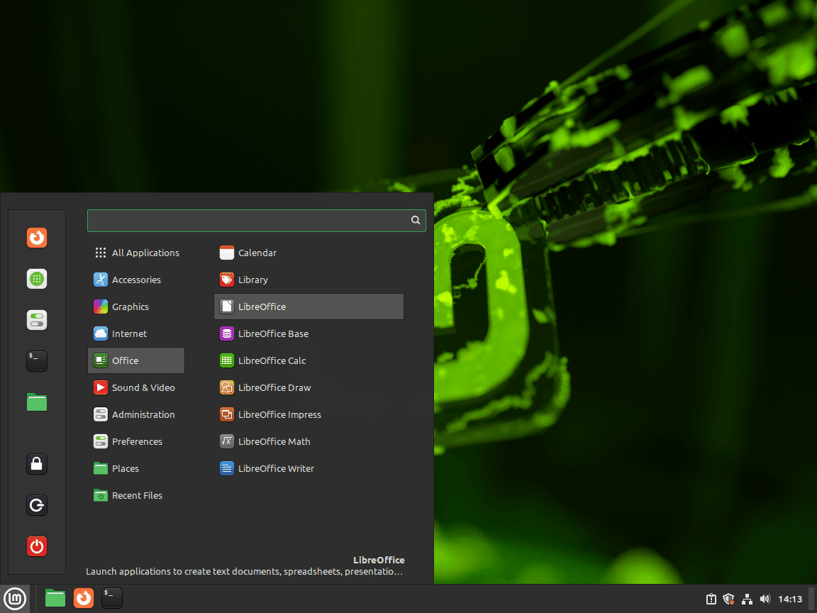 Example of the LibreOffice application icons in the Linux Mint menu.