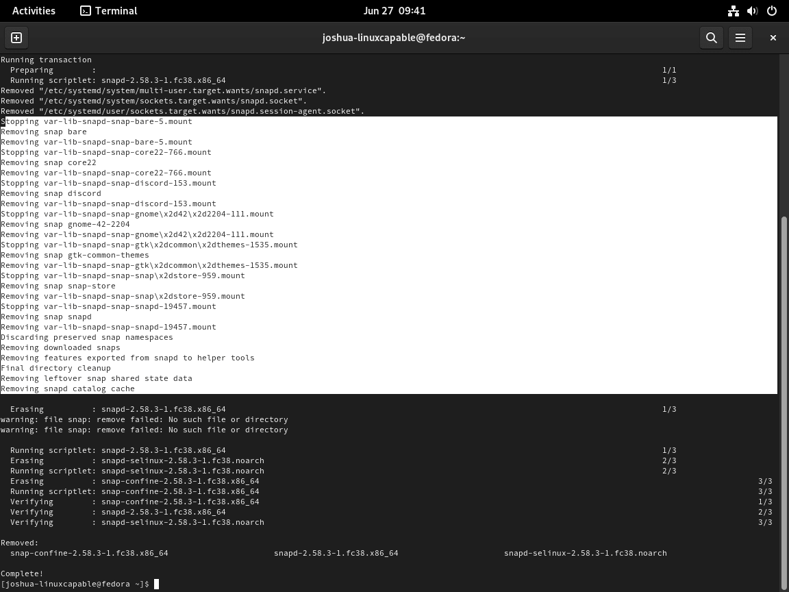 Screenshot showing the complete removal of Snap and all installed Snap applications on Fedora Linux.