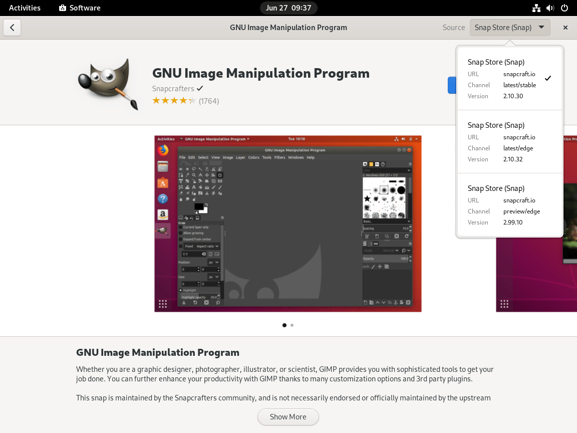 Screenshot displaying Snap Store with source and version options for GIMP on Fedora Linux.