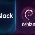 Abstract background demonstrating "How to Install Slack Desktop on Debian Linux" text overlay.