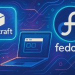 Futuristic digital illustration of Snapcraft and Fedora Linux logos connected by a glowing laptop