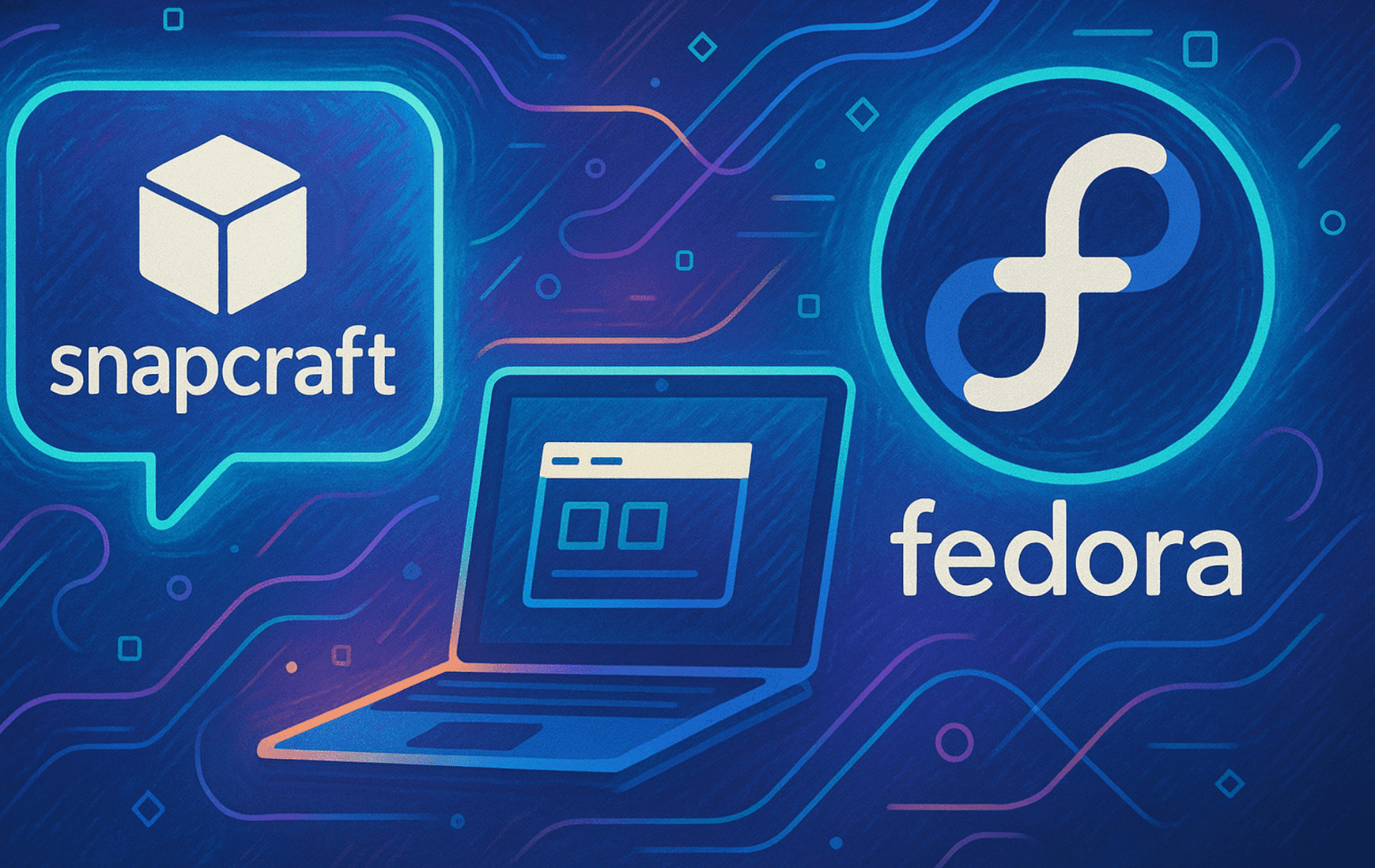 Futuristic digital illustration of Snapcraft and Fedora Linux logos connected by a glowing laptop