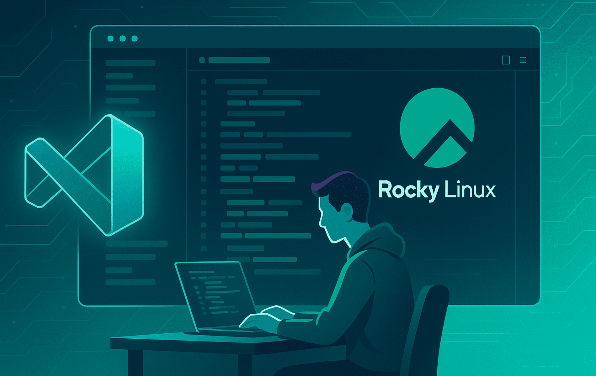 A visually enhanced workspace illustrating the process of installing Visual Studio Code on Rocky Linux.