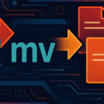 Illustration of the mv command in Linux, used for moving and renaming files and directories, with a futuristic digital background.